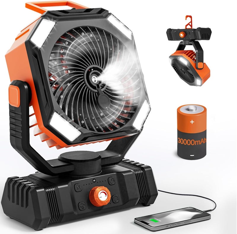 AIEPOCH Camping Fan Rechargeable - 30000mAh Battery Powered Misting Fan for Outdoor Beach Tent - Portable Battery Operated Tent Air Conditioner for Camping - Glamping Essentials (Orange) - Image 1